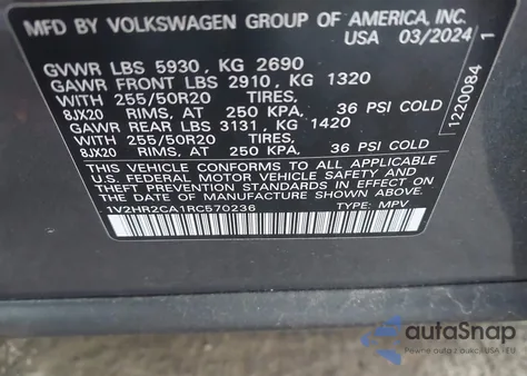 2024 Volkswagen Atlas 2.0T Se W/Technology from USA, damaged, VIN 1V2HR2CA1RC570236